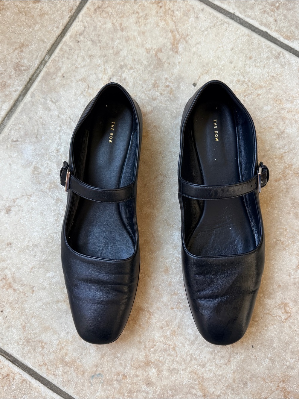 The Row Black Leather Mary Jane Flats with Buckle Strap